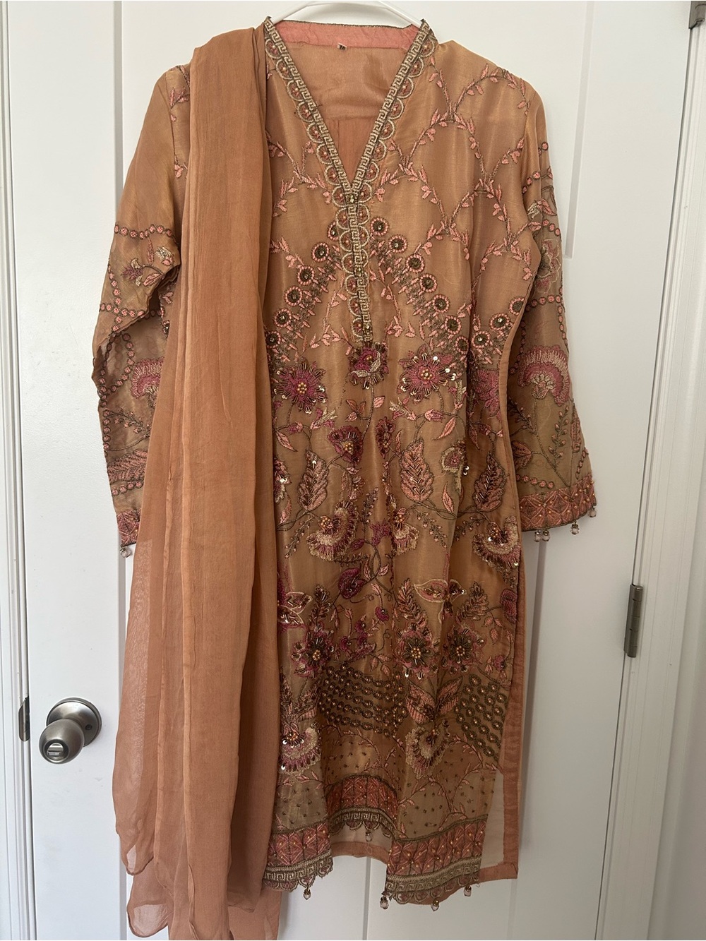 Embroidered, fancy, party wear Women's shalwar kameez, Dress with Dupatta - Tan